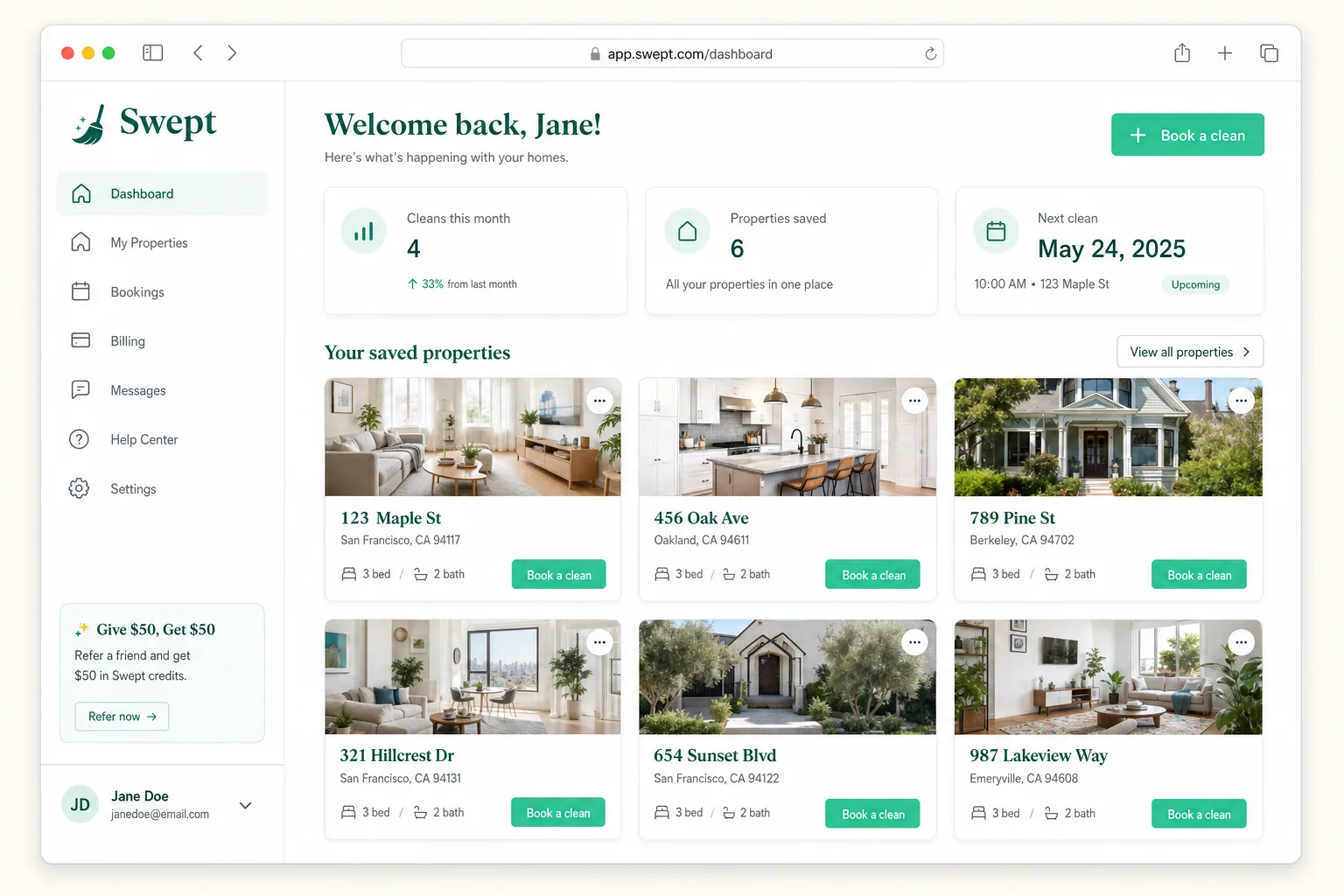 The Swept portal dashboard showing saved properties and upcoming cleans